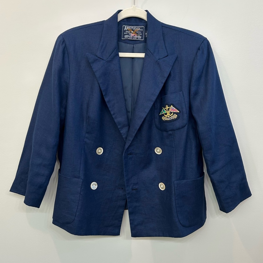 American Living Sailor Navy Linen Blazer Nautical Flags Crest Quarter Sleeves 12